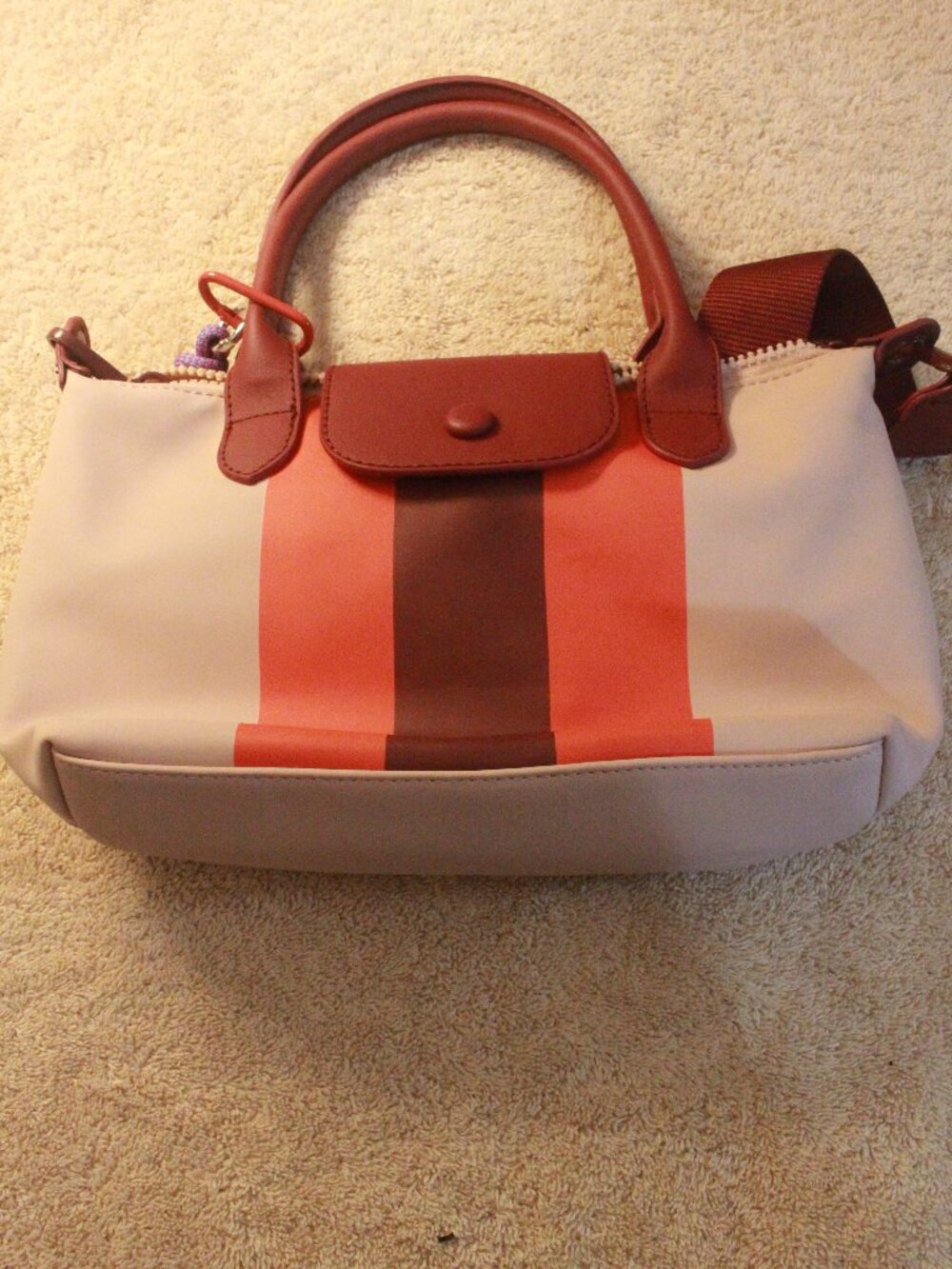 Title: Cream Satchel with Coral & Brown Stripes and Shoulder Strap